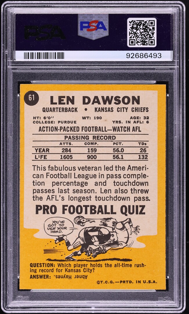 1967 Topps Football Len Dawson #61 PSA 8 NM-MT