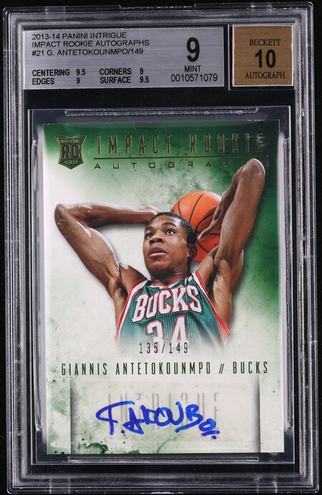 2013 Panini Intrigue Impact Giannis Antetokounmpo ROOKIE AUTO /149 #21 BGS 9