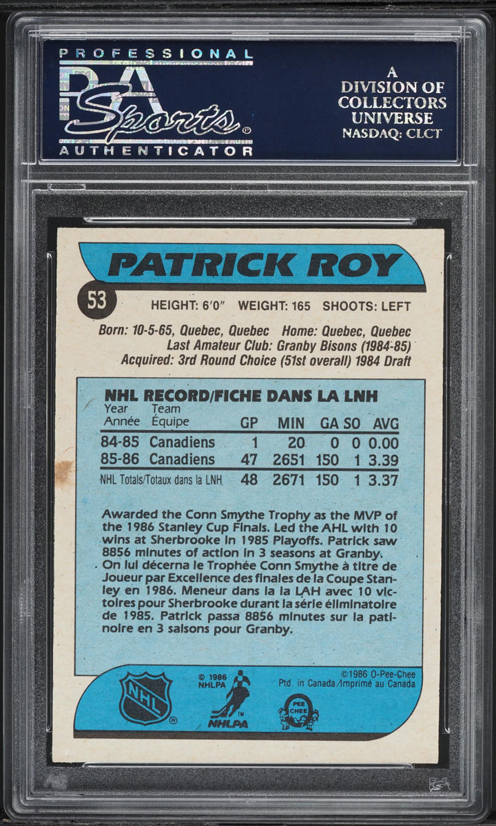 1986 O-Pee-Chee Hockey Patrick Roy ROOKIE #53 PSA 8 NM-MT