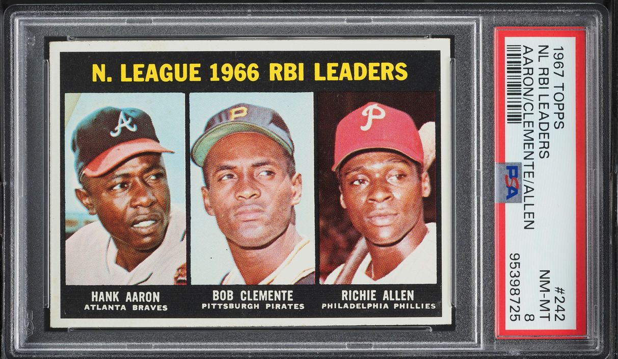 1967 Topps Hank Aaron Bob Clemente Richie Allen NL RBI LEADERS #242 PSA 8 NM-MT