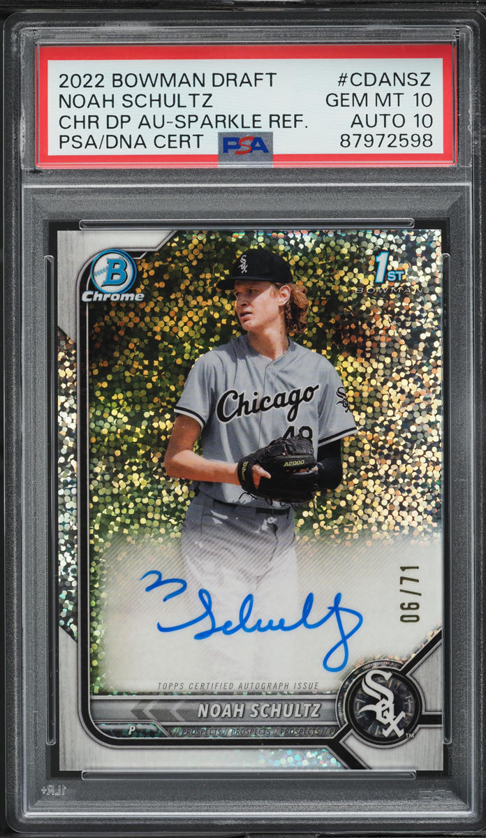 2022 Bowman Chrome Sparkle Ref Noah Schultz PROSPECT AUTO DNA 10 