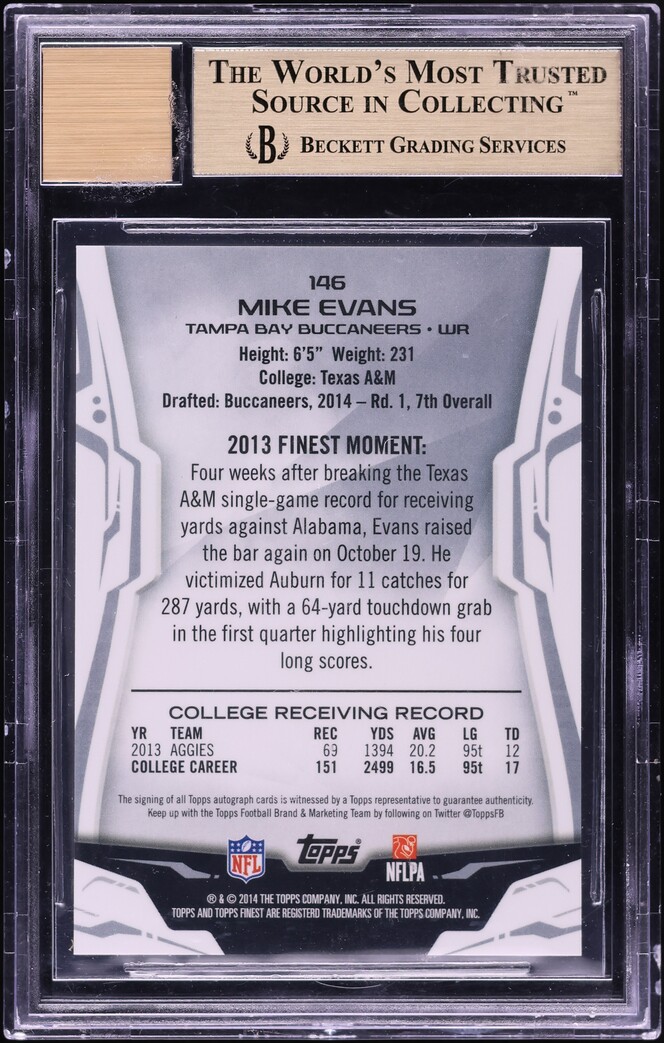 2014 Finest Pulsar Refractor Mike Evans ROOKIE AUTO /5 #146 BGS 9.5 GEM MINT