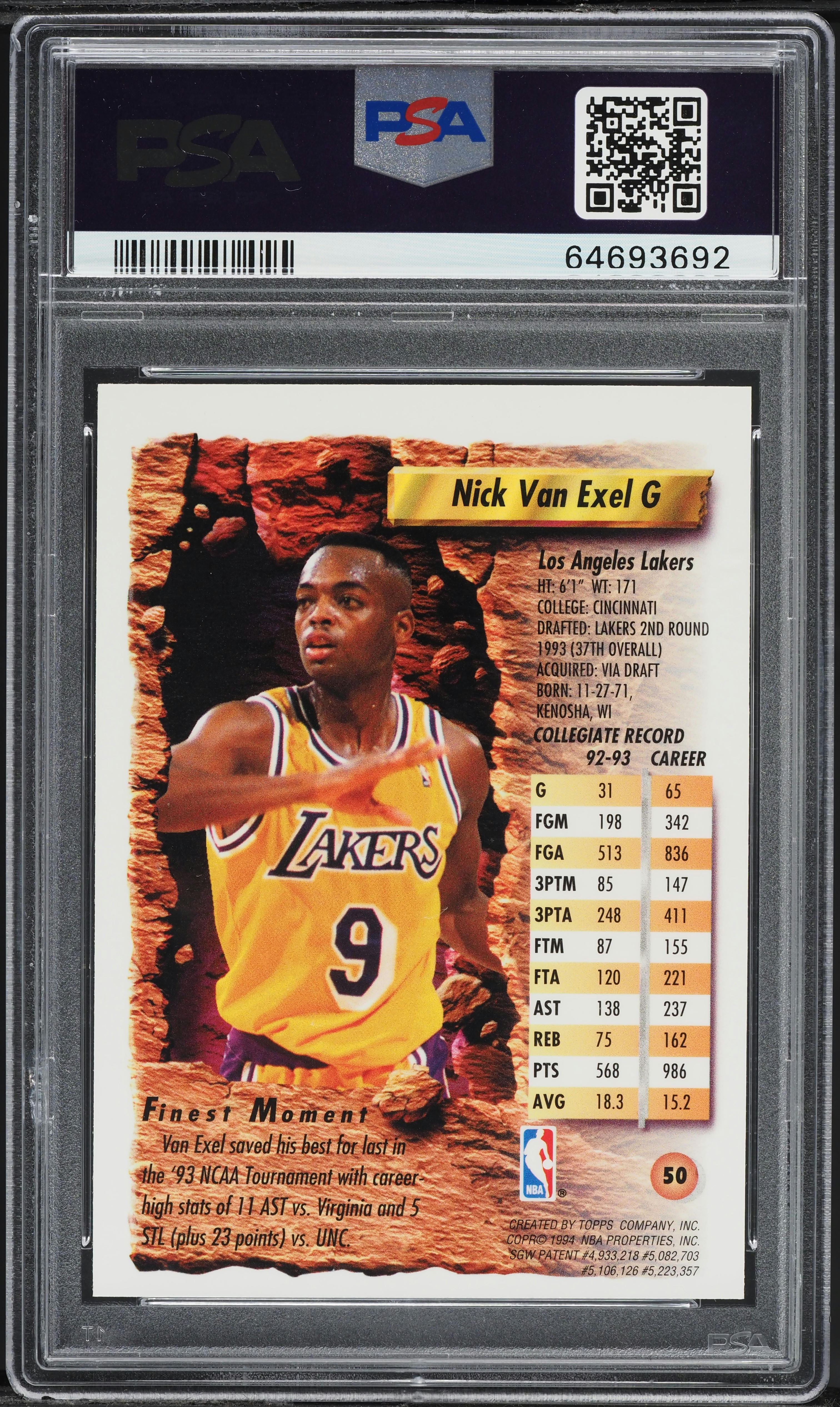 1993 Finest Refractor Nick Van Exel ROOKIE #50 PSA 9 MINT on