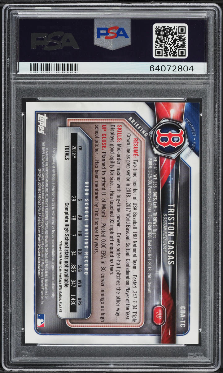 2018 Bowman Chrome Draft Triston Casas PROSPECT AUTO #CDATC PSA 10 GEM MINT