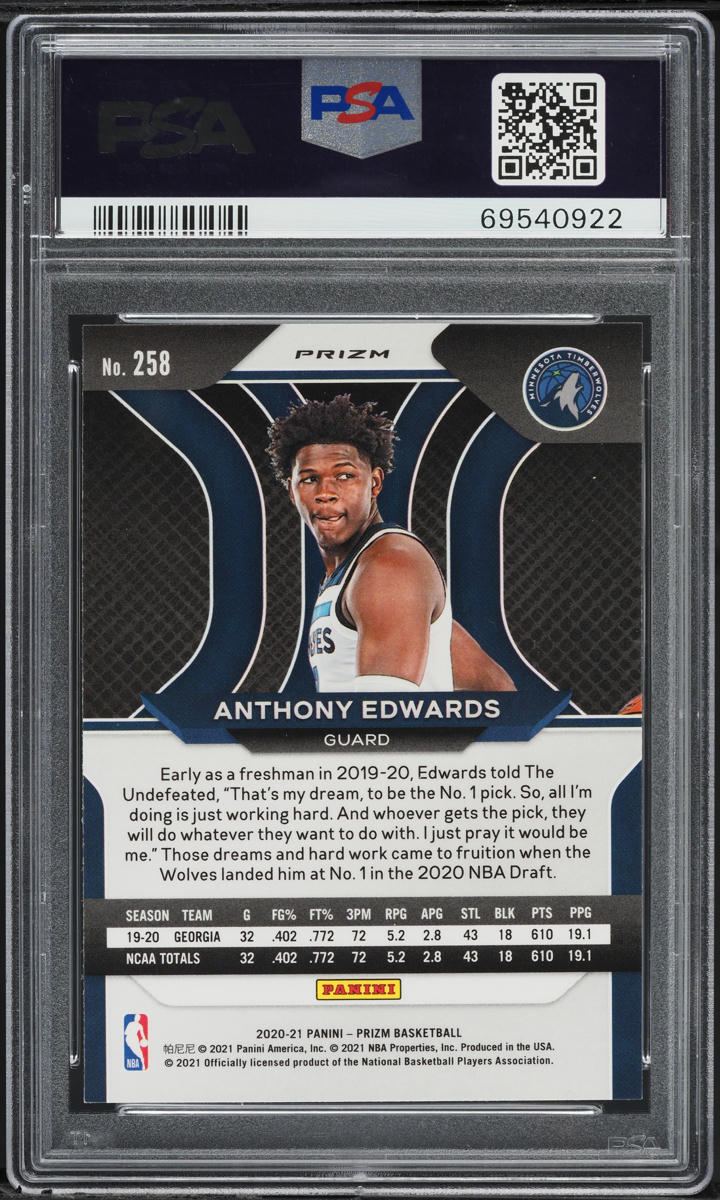 2020 Panini Prizm Silver Anthony Edwards ROOKIE #258 PSA 10 GEM MINT