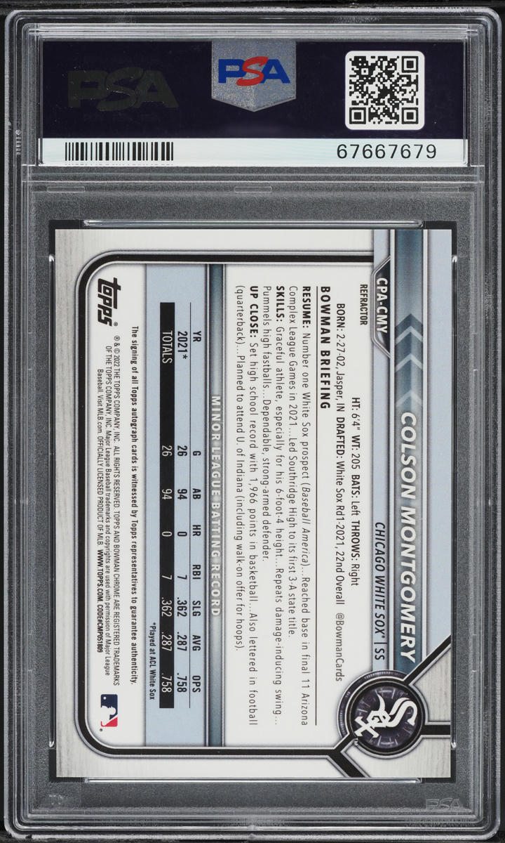 2022 Bowman Chrome Refractor Colson Montgomery PROSPECT AUTO DNA 10 /499 PSA 10