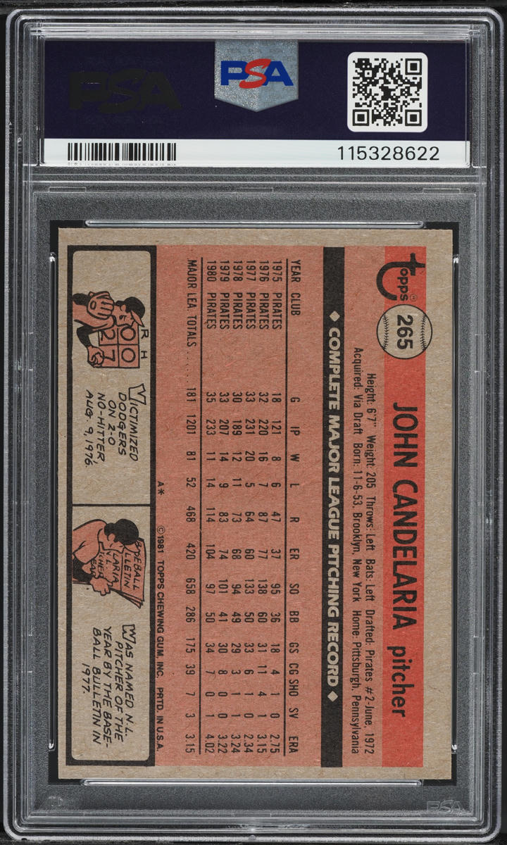 1981 Topps John Candelaria #265 PSA 9 MINT