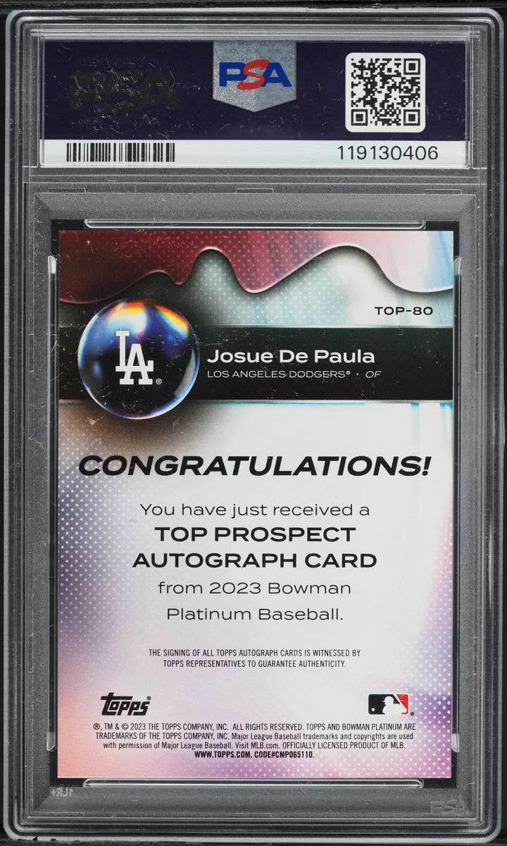 2023 Bowman Platinum Top Josue De Paula PROSPECT AUTO #TOP80 PSA 10 GEM MINT