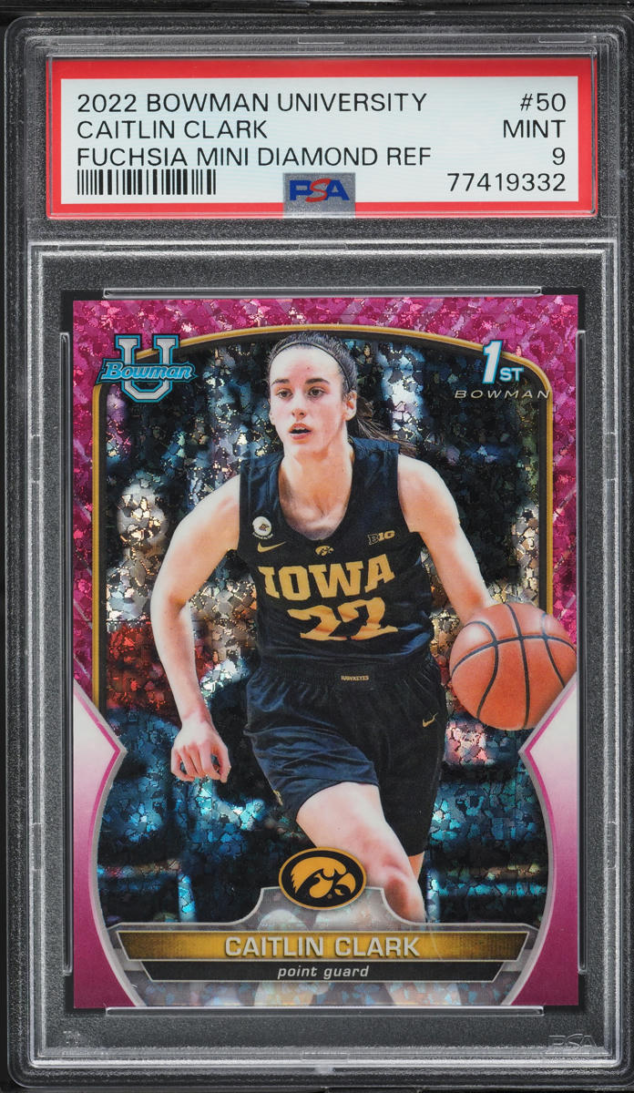 2022 Bowman Chrome University Fuchsia Mini Diamond Caitlin Clark RC /150 PSA 9