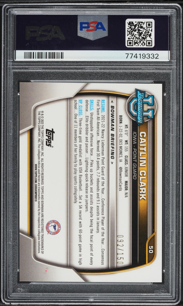 2022 Bowman Chrome University Fuchsia Mini Diamond Caitlin Clark RC /150 PSA 9