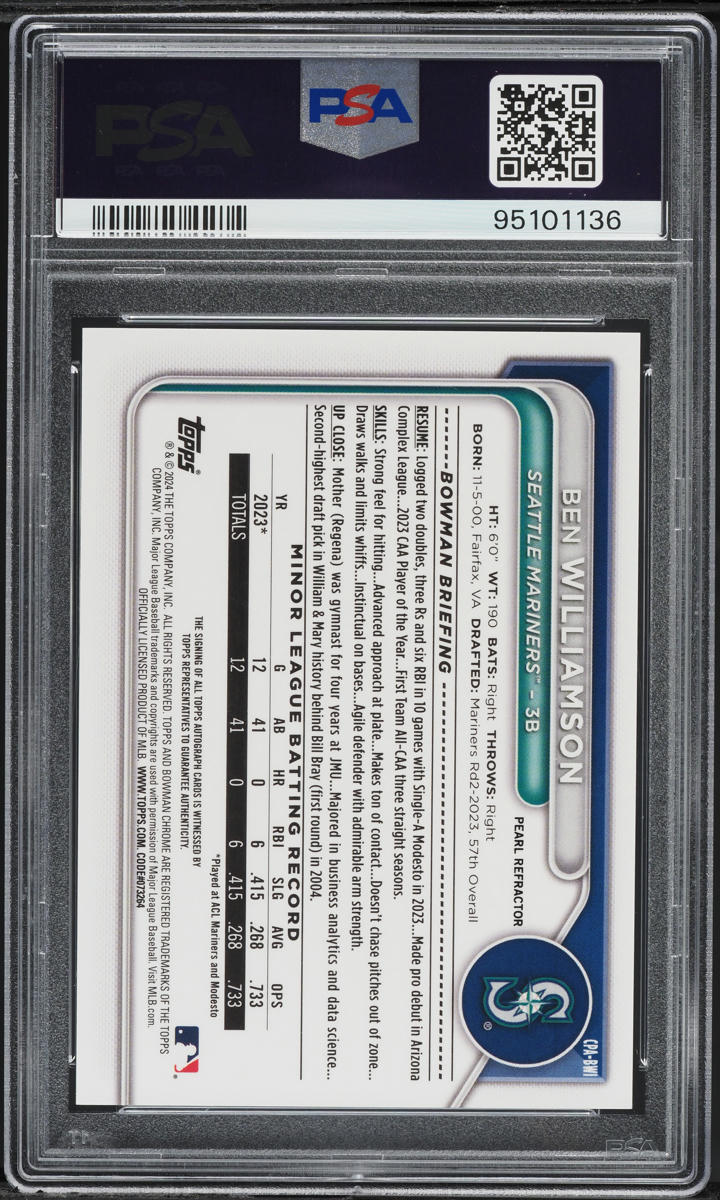 2024 Bowman Chrome Pearl Refractor Ben Williamson PROSPECT AUTO /10 #CPABWI PSA 9 MINT