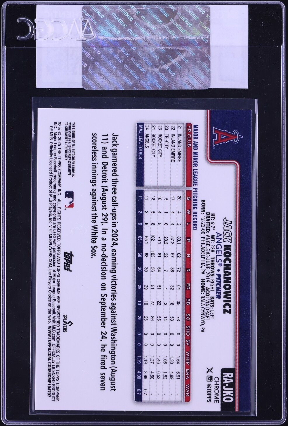 2025 Topps Chrome Jack Kochanowicz ROOKIE AUTO #RA-JKO CGC AUTH