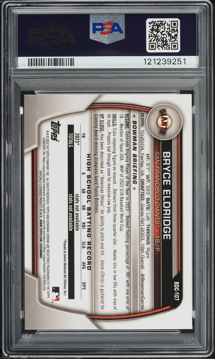 2023 Bowman Chrome Yellow Lunar Crater Ref Bryce Eldridge PROSPECT 1/75 PSA 10