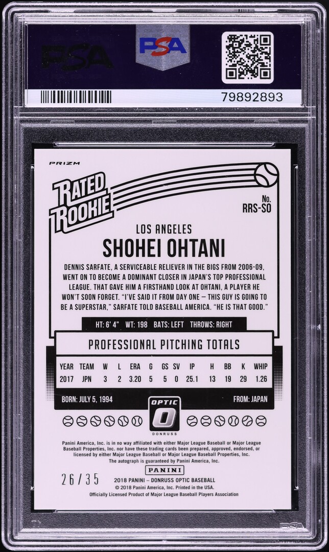 2018 Donruss Optic Aqua Shohei Ohtani ROOKIE AUTO /35 #RRS-SO PSA 9 MINT