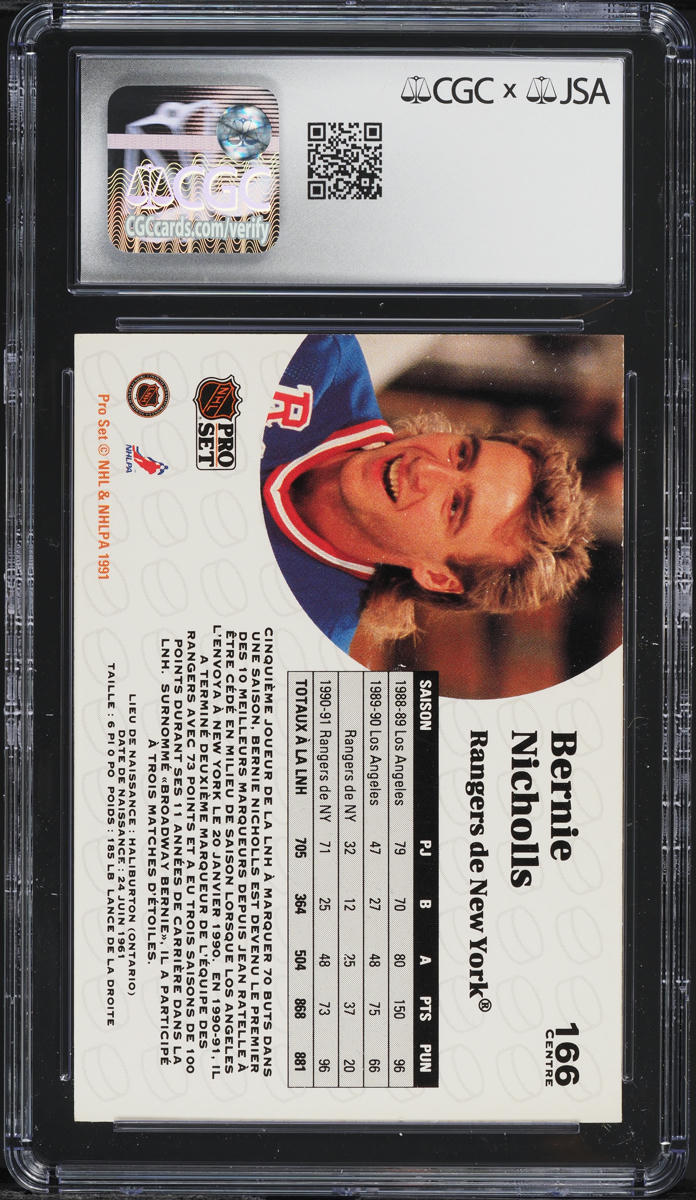 1991 Pro Set French Bernie Nicholls AUTO #166 JSA CGC AUTH