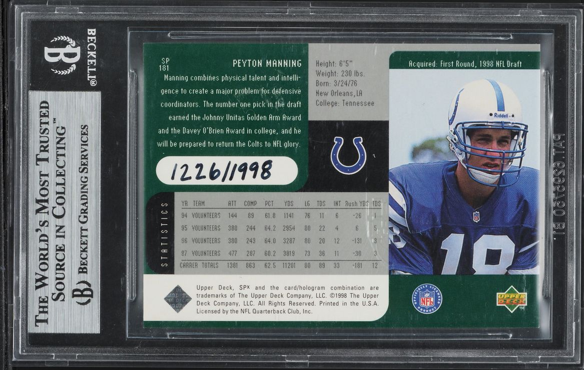 1998 SPx Finite Peyton Manning ROOKIE /1998 #181 BGS 9 MINT