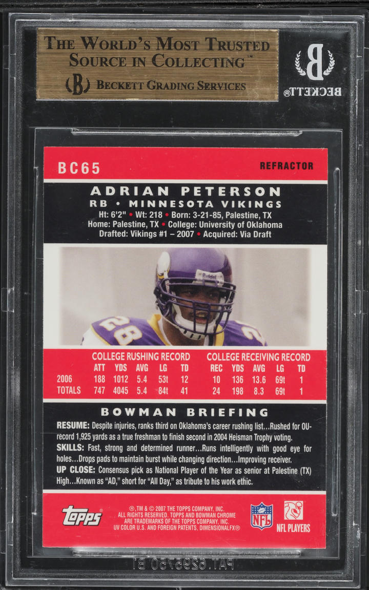 2007 Bowman Chrome Refractor Adrian Peterson ROOKIE #65 BGS 9.5 GEM MINT