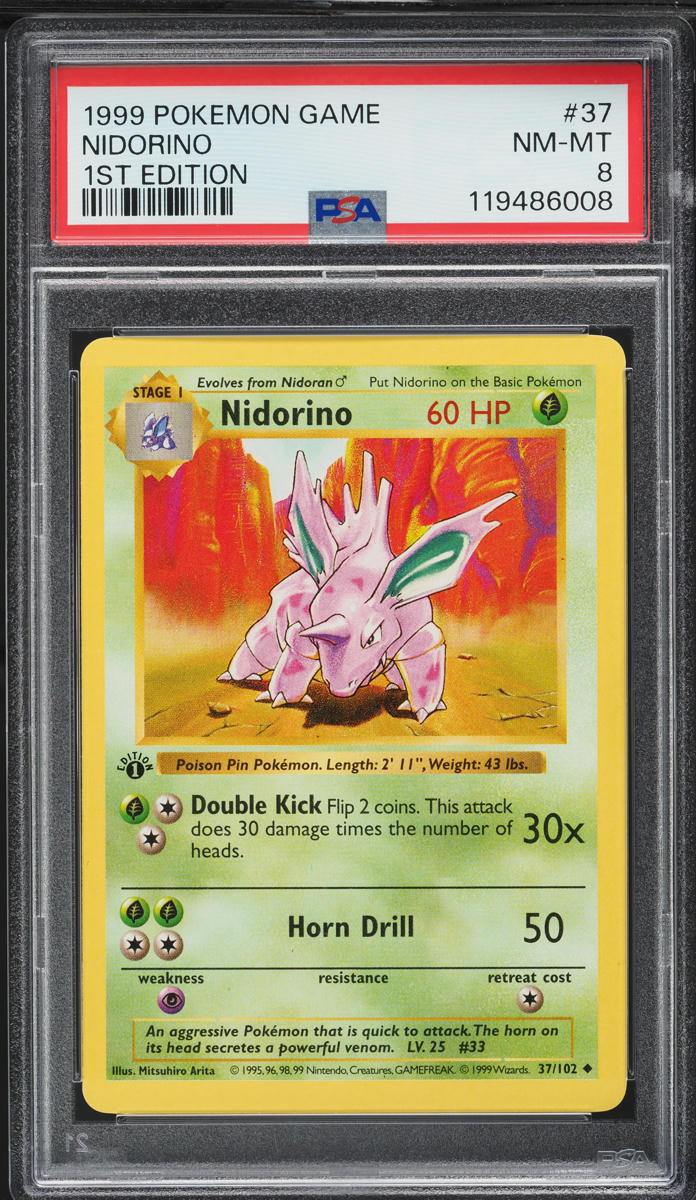 1999 Pokemon Base Set Shadowless 1st Edition Nidorino #37 PSA 8 NM-MT
