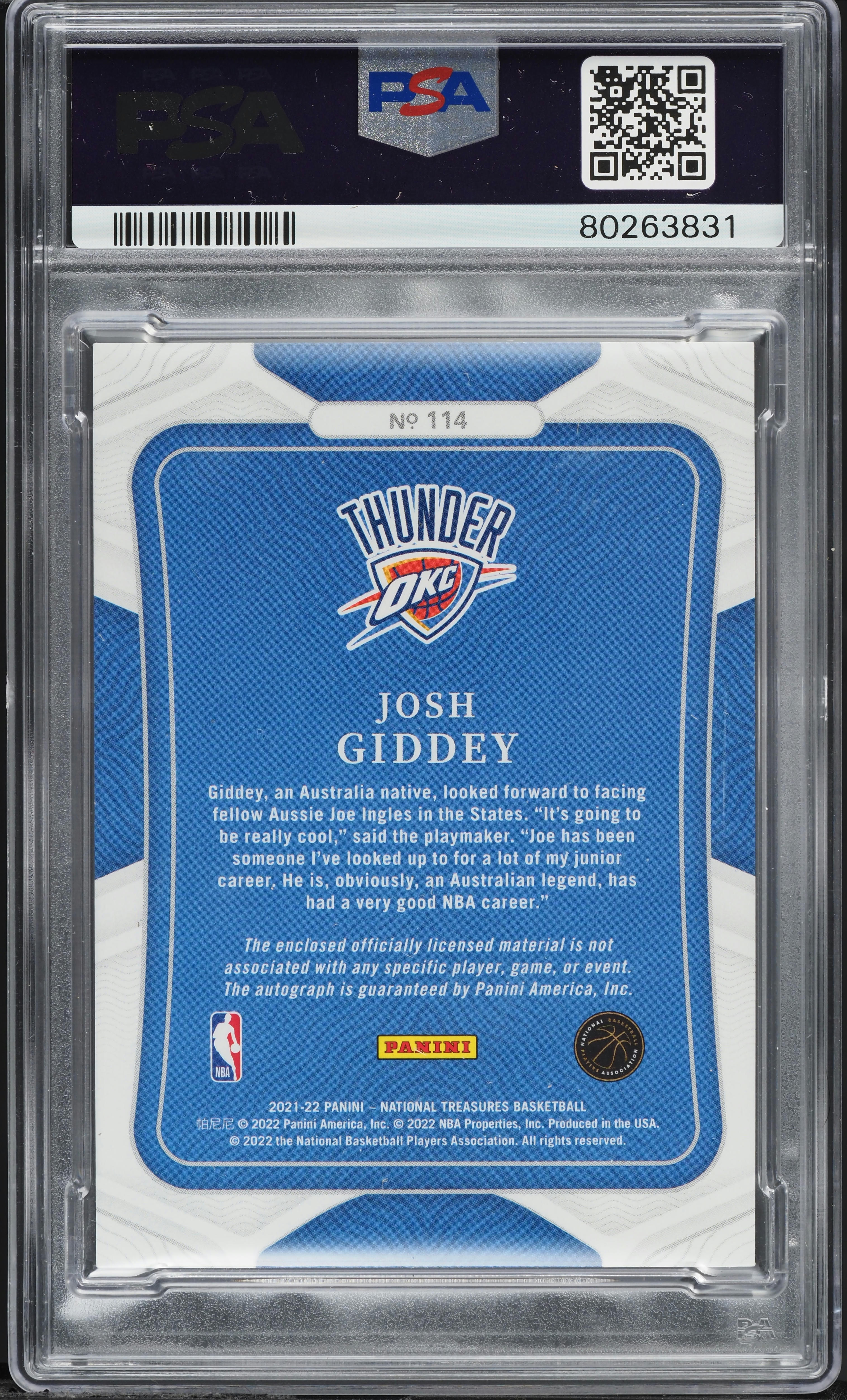 2021 National Treasures Josh Giddey ROOKIE PATCH AUTO /99 #114 PSA