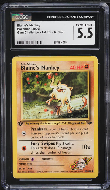 2000 Pokemon Gym Challenge 1st Edition Blaine's Mankey #63 CGC 5.5 EX+