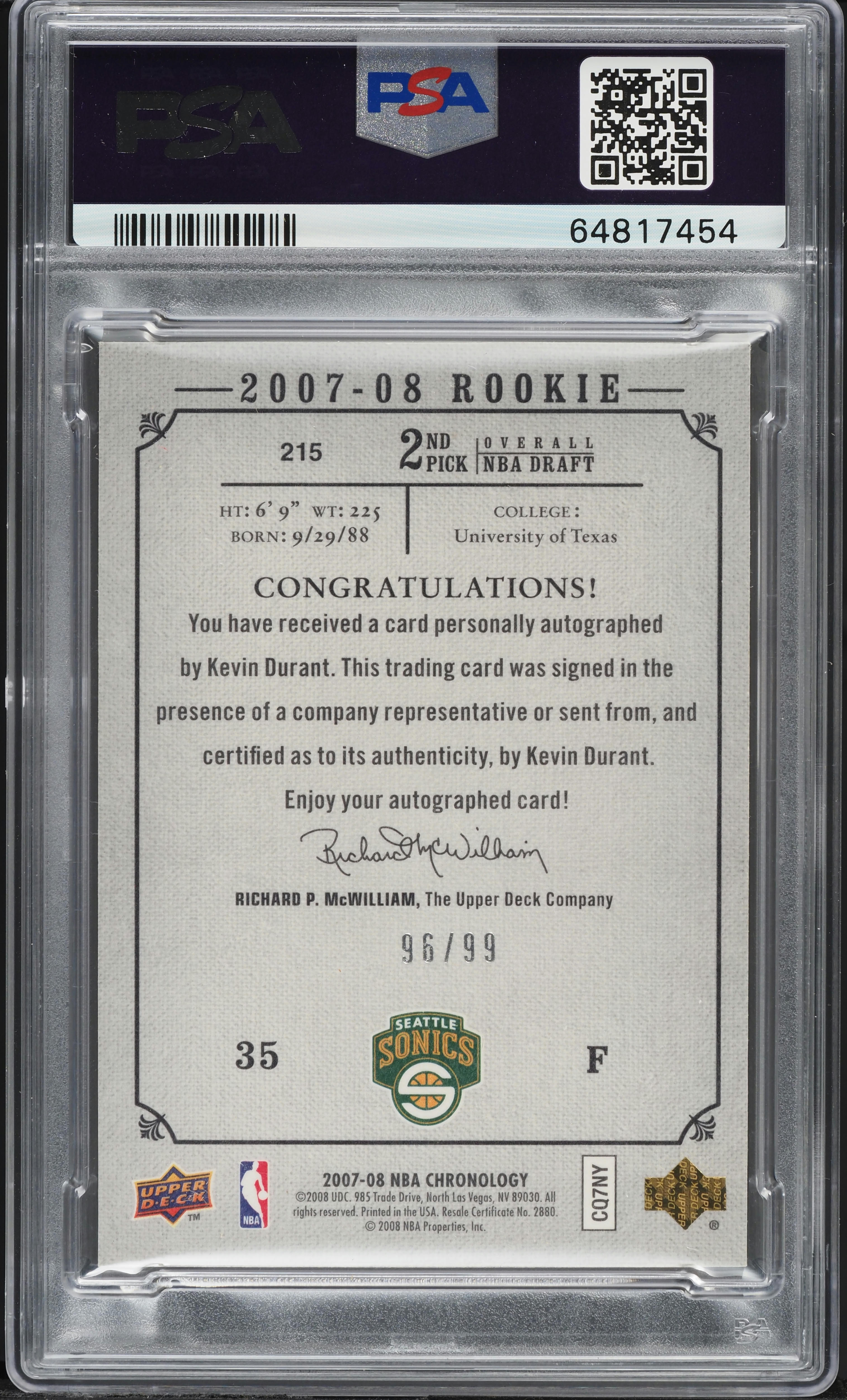 2007 Upper Deck Chronology Kevin Durant ROOKIE AUTO DNA 10 /99