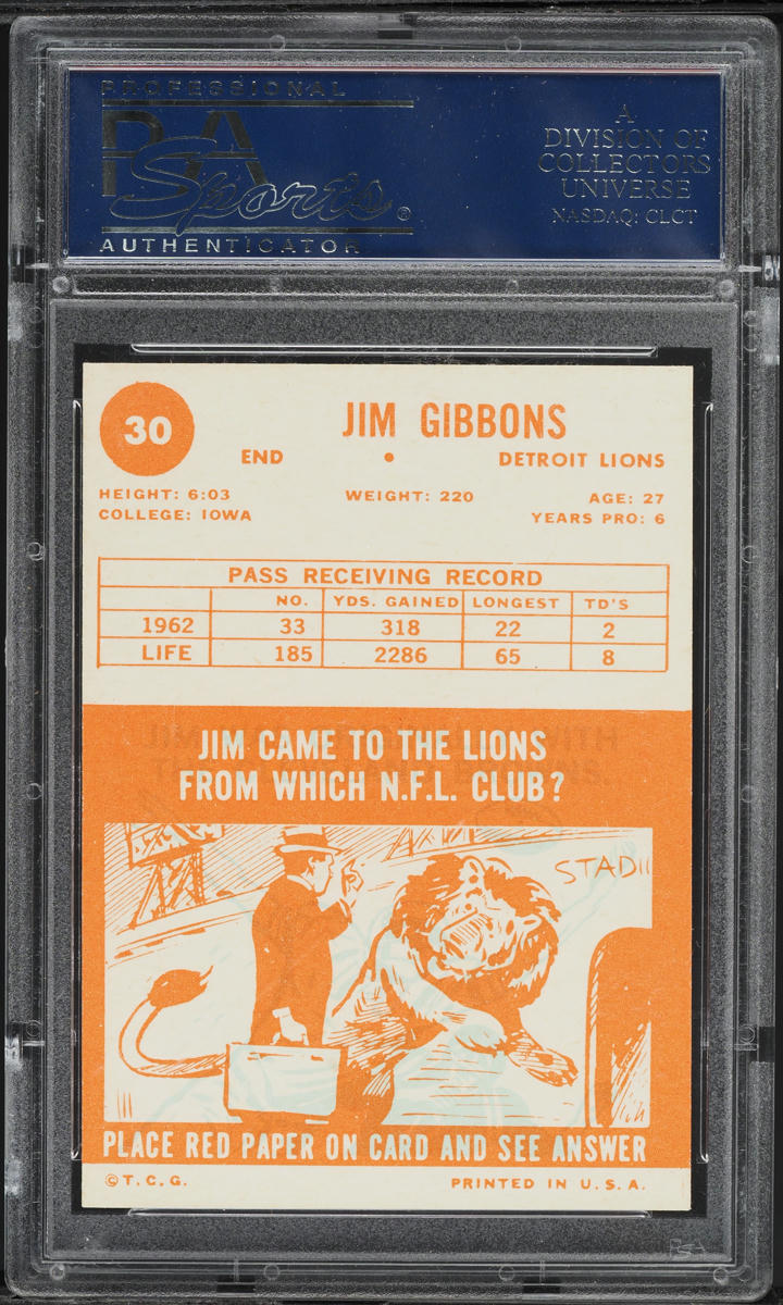 1963 Topps Football Jim Gibbons #30 PSA 8 NM-MT