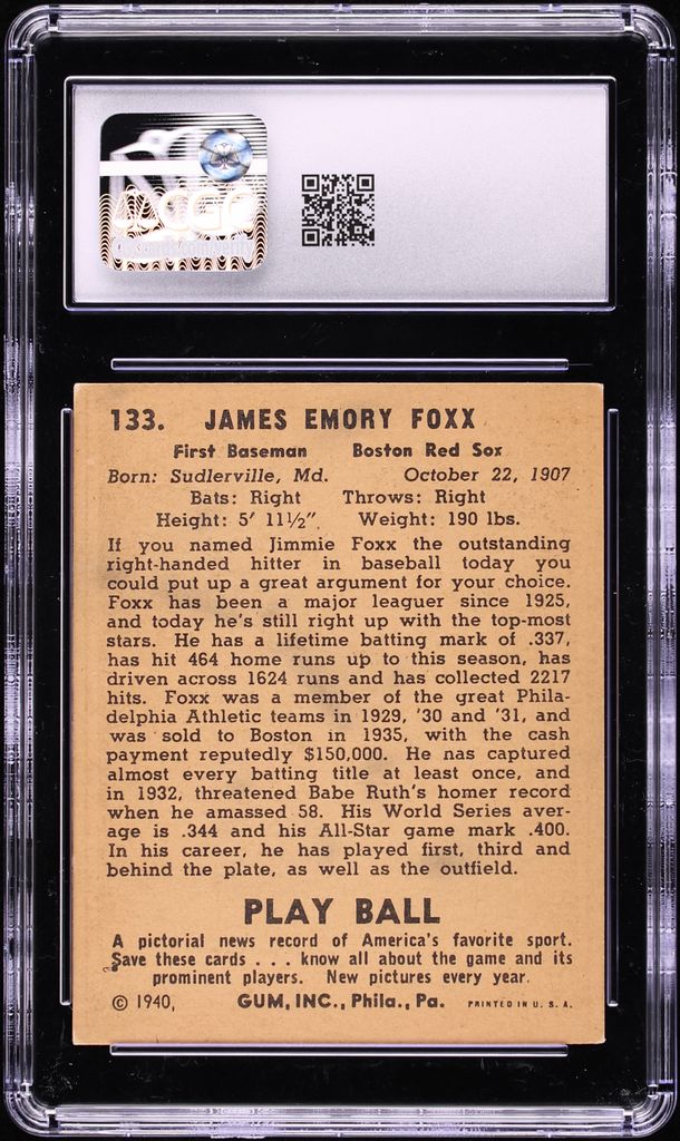 1940 Play Ball Jimmie Foxx #133 CGC 6 EXMT