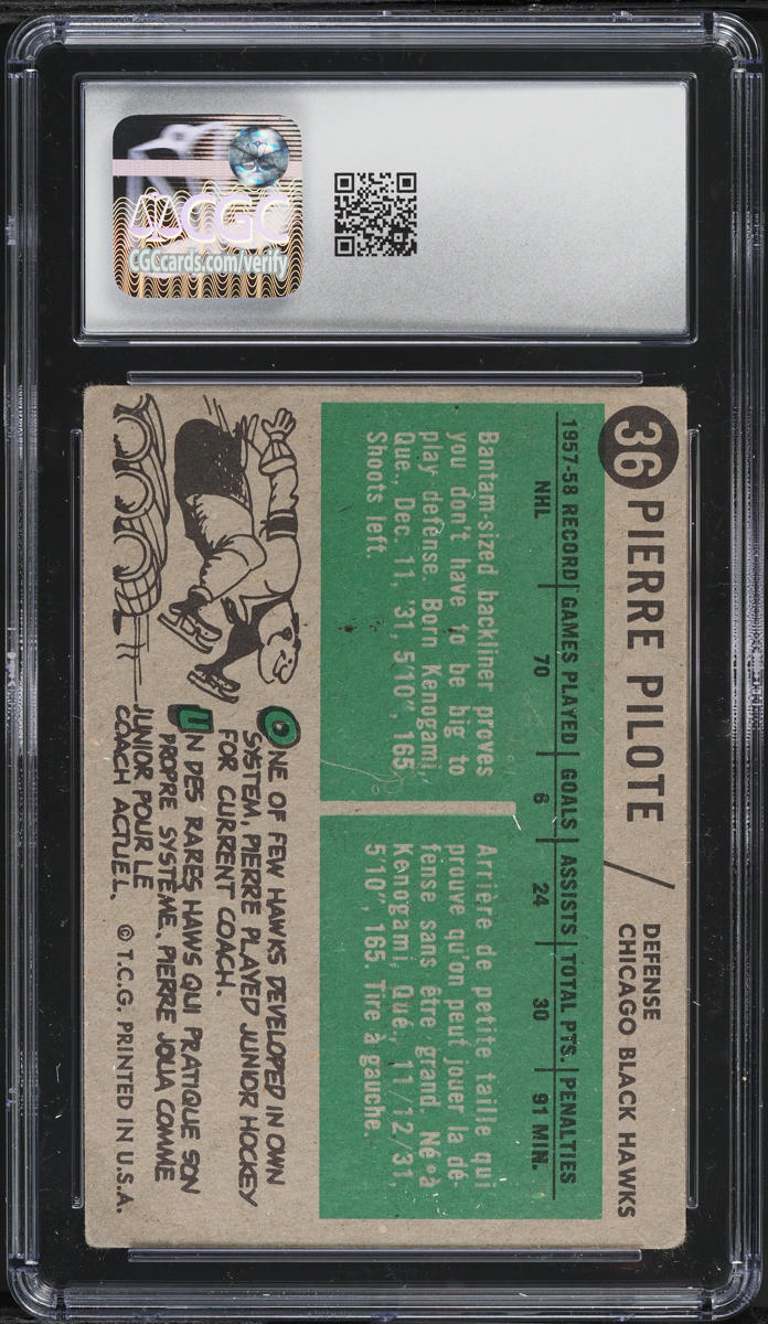 1958 Topps Hockey Pierre Pilote #36 CGC 3 VG