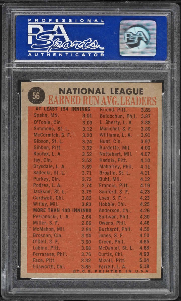 1962 Topps Warren Spahn Jim O'Toole McCormock NL ERA LDRS #56 PSA 8 NM-MT