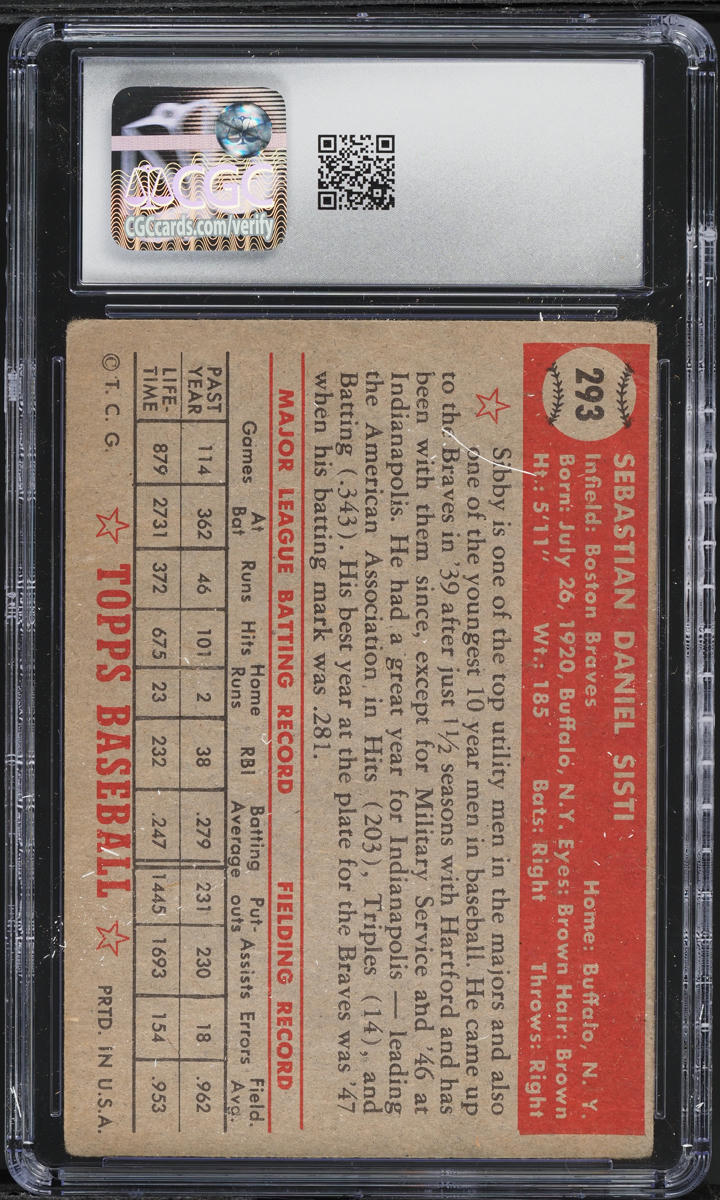 1952 Topps Sibby Sisti #293 CGC 2 GD