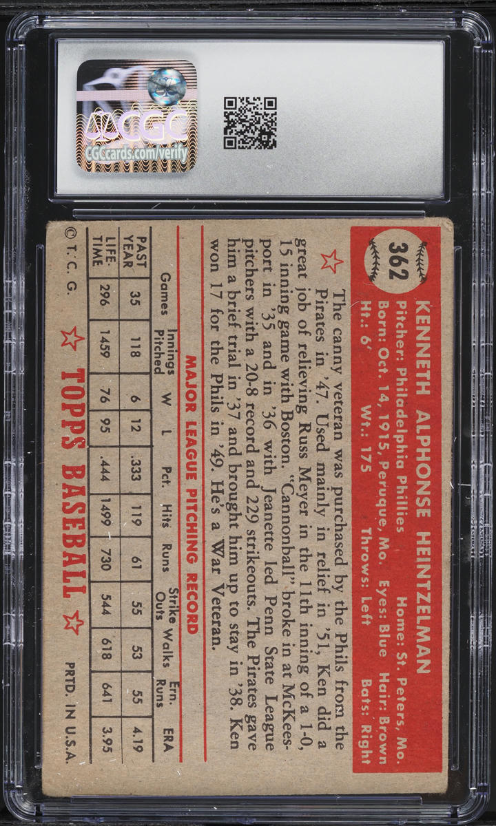 1952 Topps Ken Heintzelman #362 CGC 2 GD