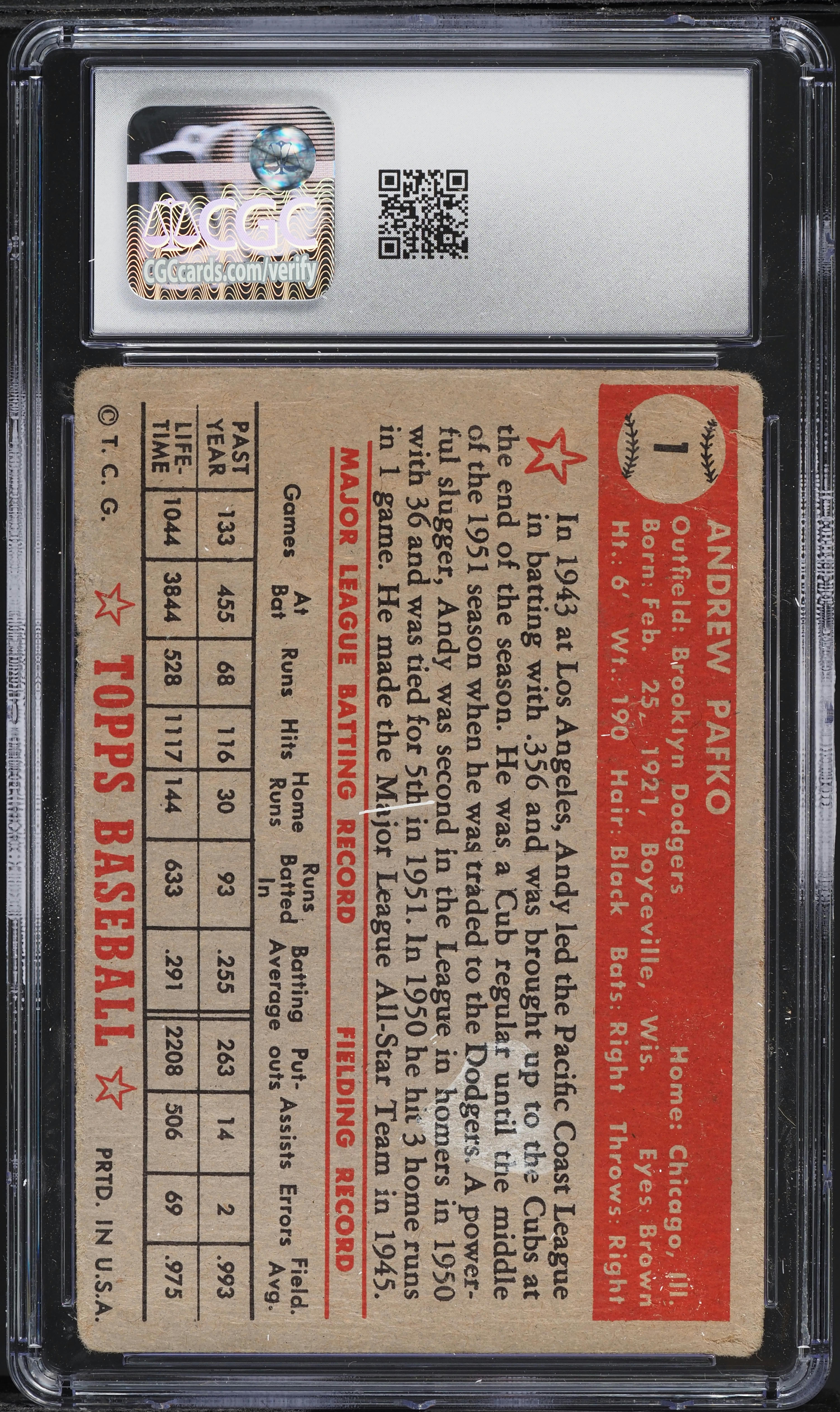 1952 Topps Andy Pafko RED BACK #1 CGC 1 PR on Fanatics Collect