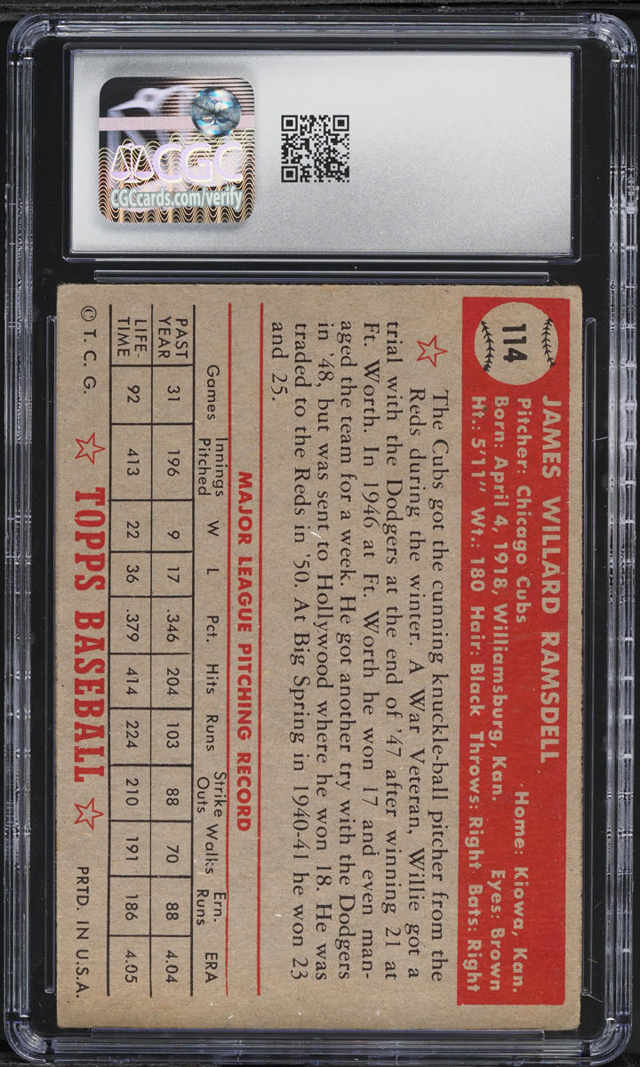 1952 Topps Willard Ramsdell #114 CGC 3.5 VG+