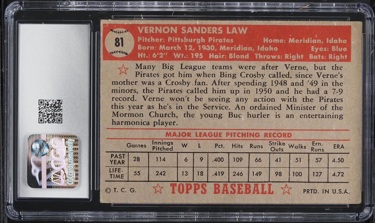 1952 Topps Vern Law #81 CGC 3.5 VG+