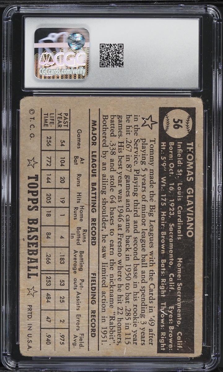 1952 Topps Tommy Glaviano BLACK BACK #56 CGC 1.5 FR
