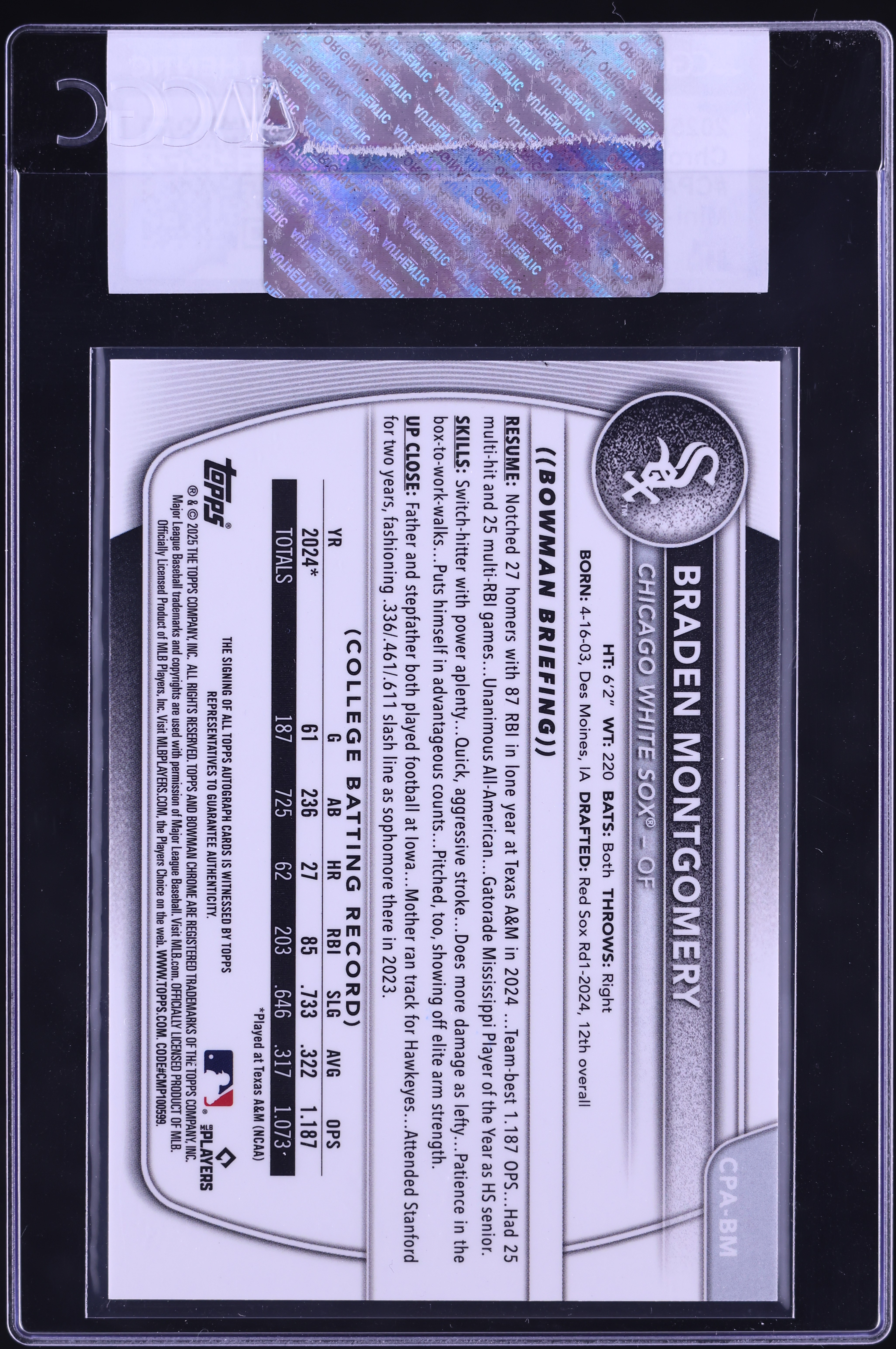 2025 Bowman Chrome Diamond Ref. Braden Montgomery PROSPECT AUTO 
