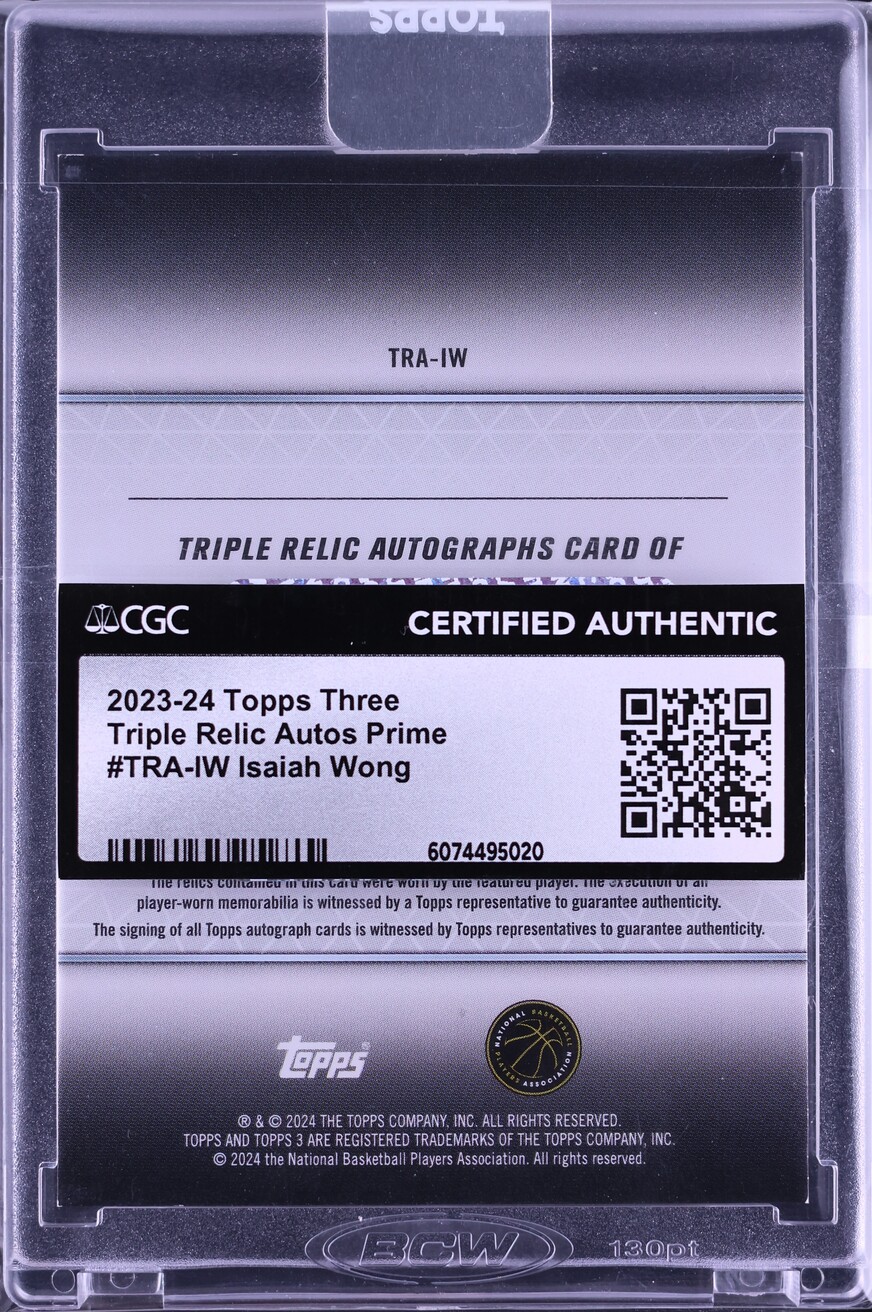 2023 Topps Three Triple Prime Isaiah Wong ROOKIE PATCH AUTO /49 #TRA-IW CGC AUTH