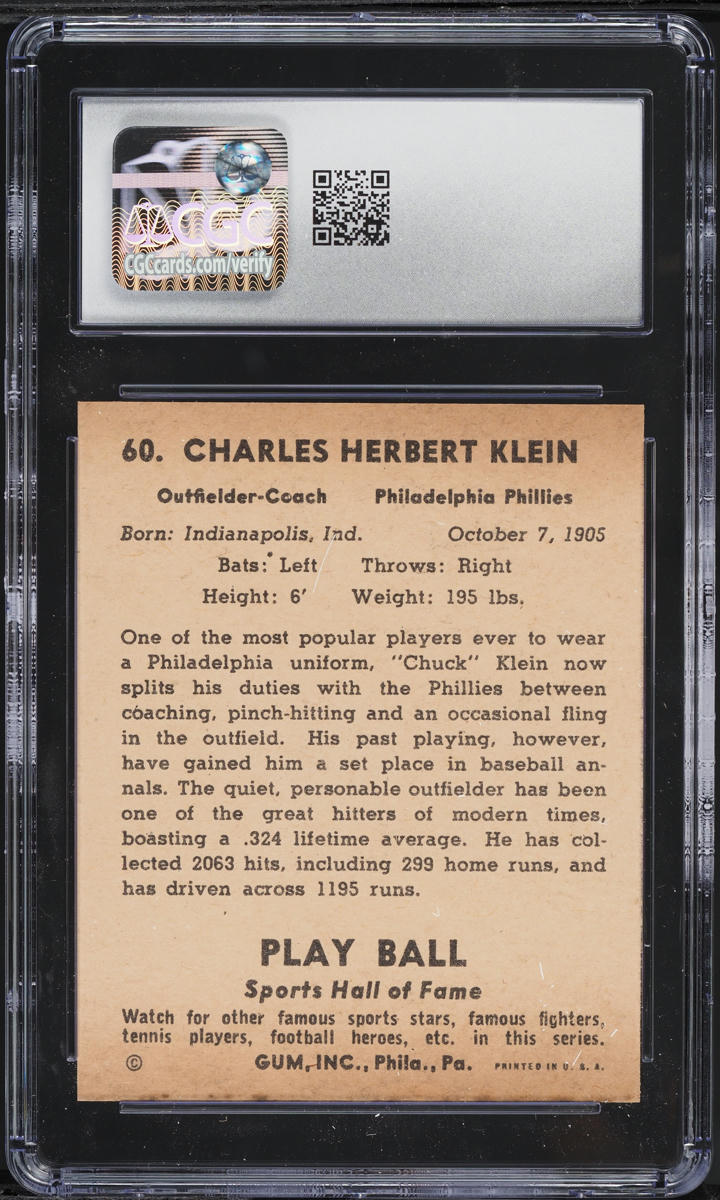 1941 Play Ball Chuck Klein #60 CGC 6 EXMT