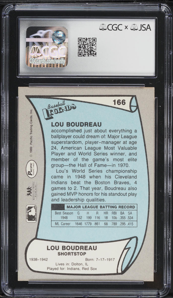 1989 Pacific Legends Lou Boudreau AUTO #166 JSA CGC AUTH