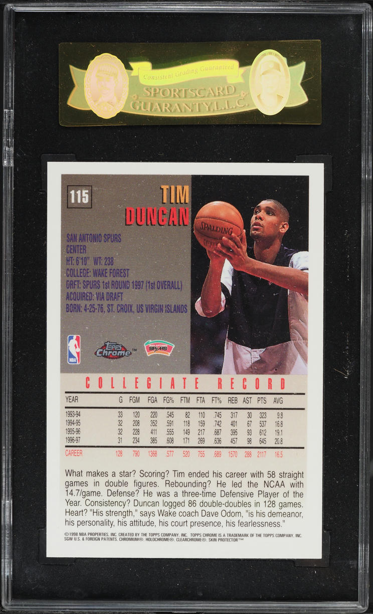 1997 Topps Chrome Tim Duncan ROOKIE #115 SGC 10 GEM MINT