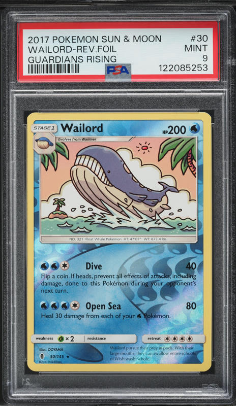 2017 Pokemon Sun & Moon Guardians Rising Revers Holo Wailord #30 PSA 9 MINT