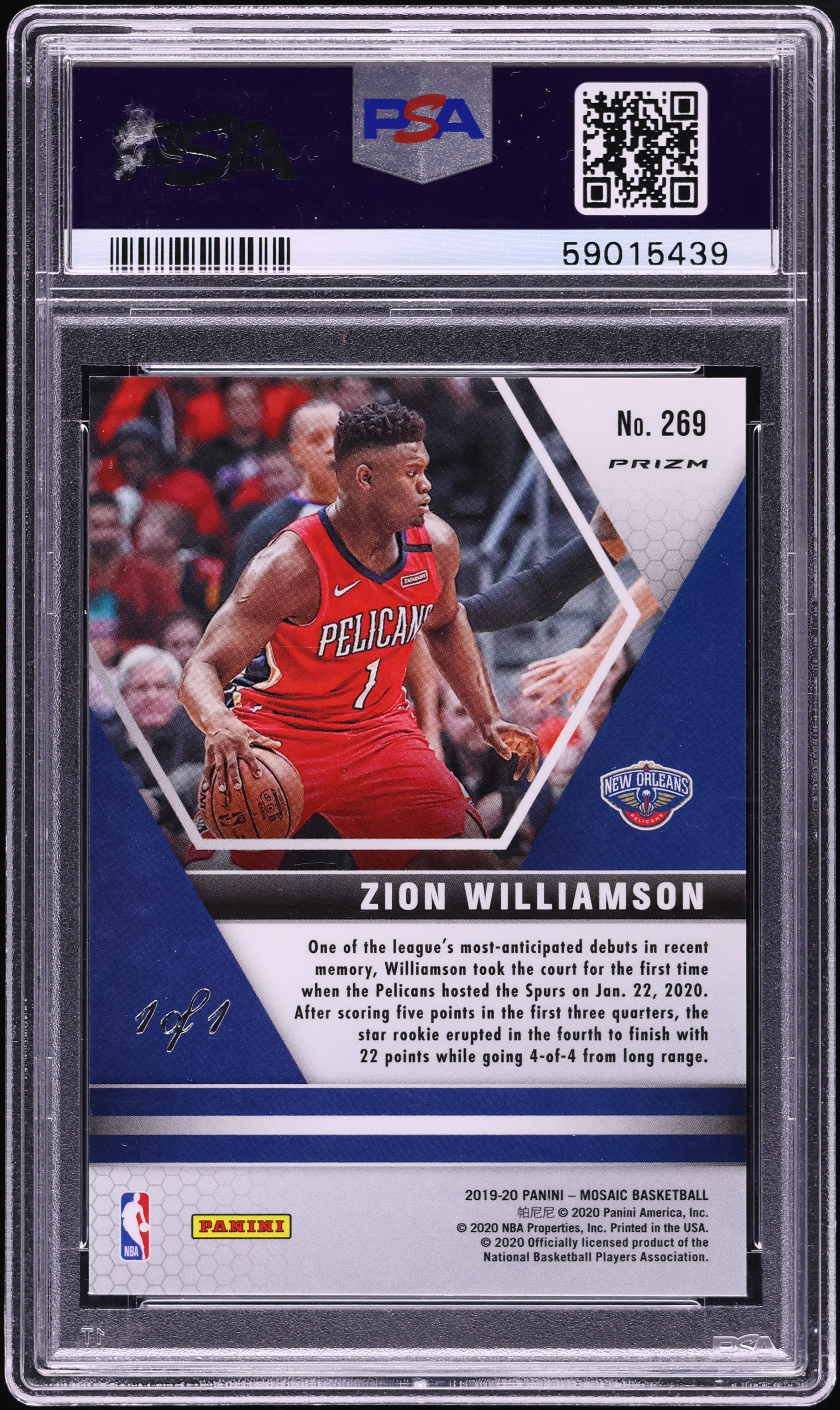 2019 Panini Mosaic Black Zion Williamson ROOKIE 1/1 #269 PSA 8 NM