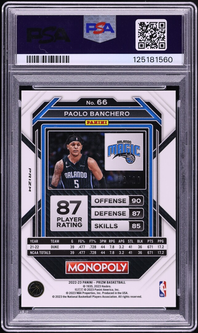 2022 Panini Prizm Monopoly Blue Money Shimmer Paolo Banchero RC