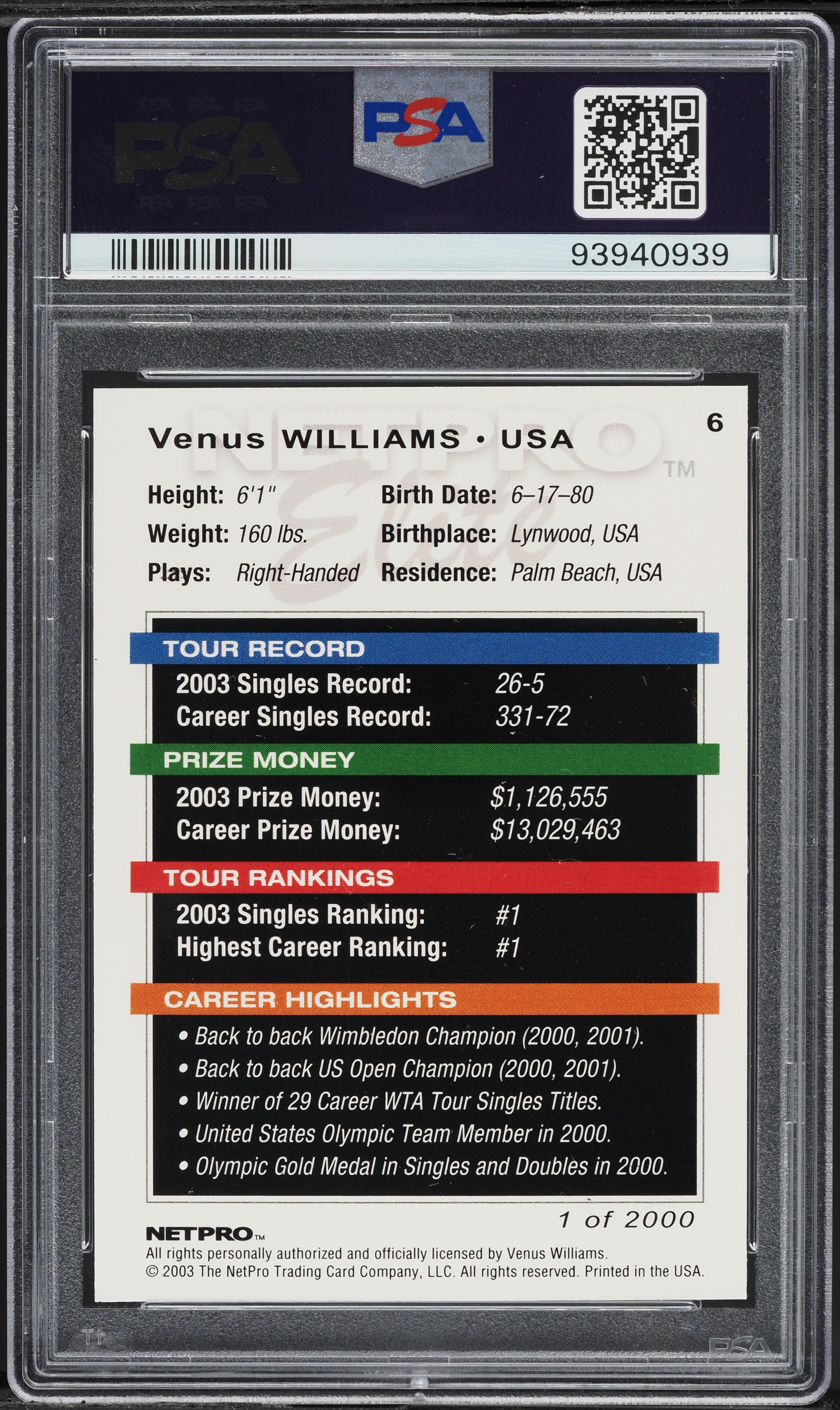 2003 Netpro Elite Venus Williams ROOKIE /2000 #6 PSA 10 GEM MINT