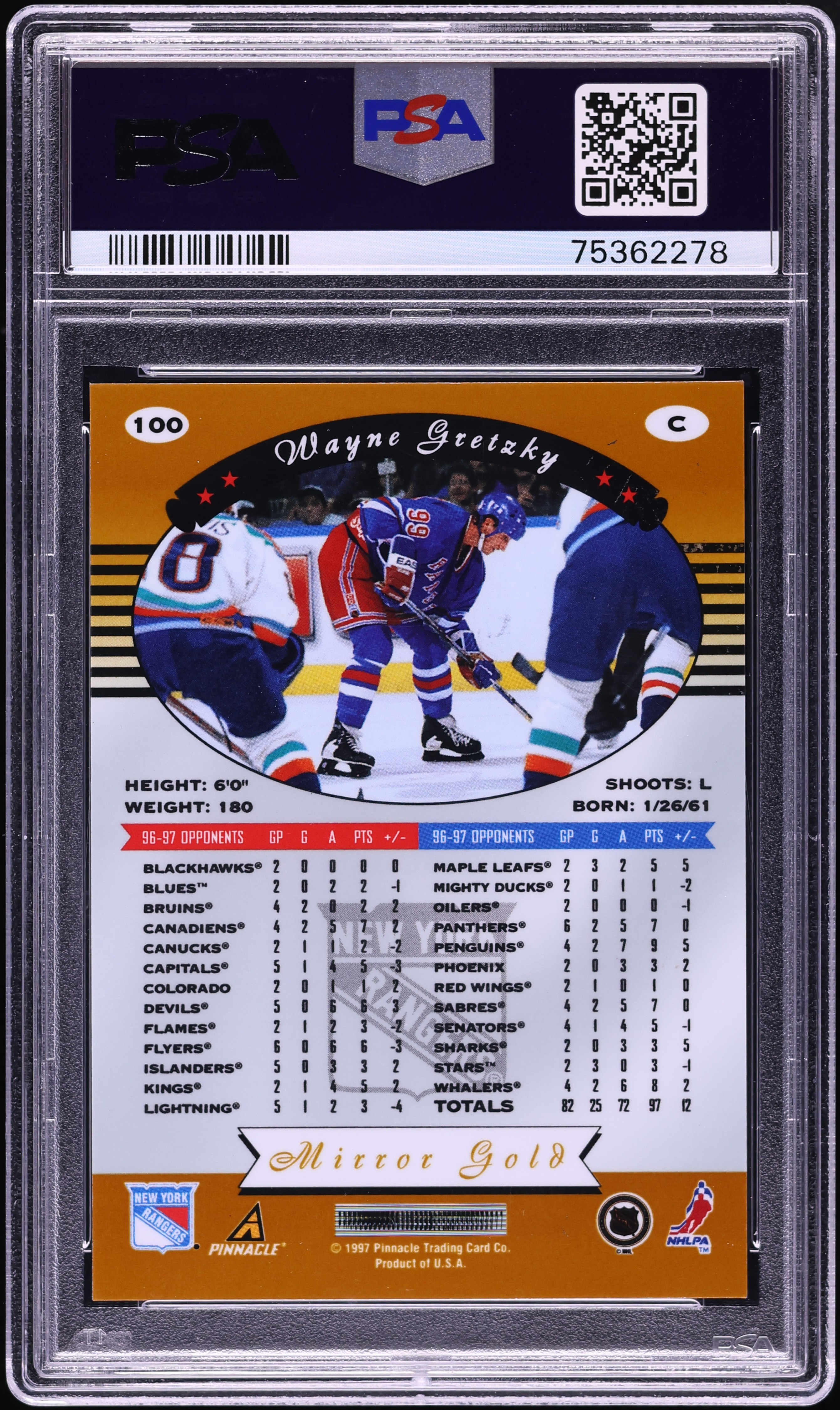 1997 Pinnacle Certified Mirror Gold Wayne Gretzky #100 PSA 8 NM-MT