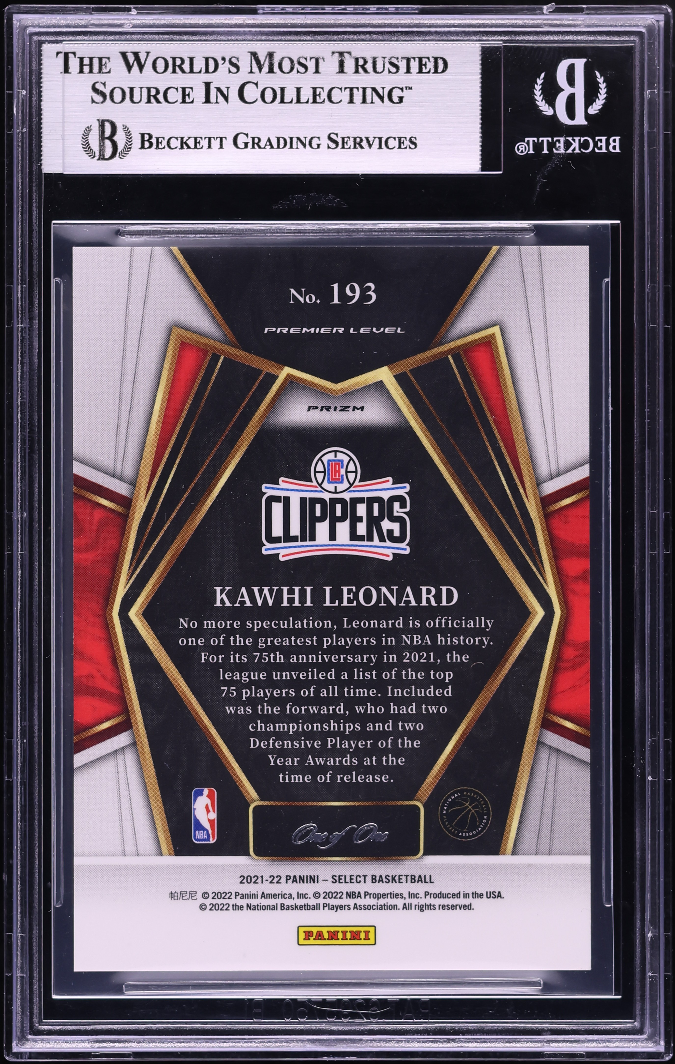 2021 Select Premier Level Black Disco Prizm Kawhi Leonard 1/1 #193