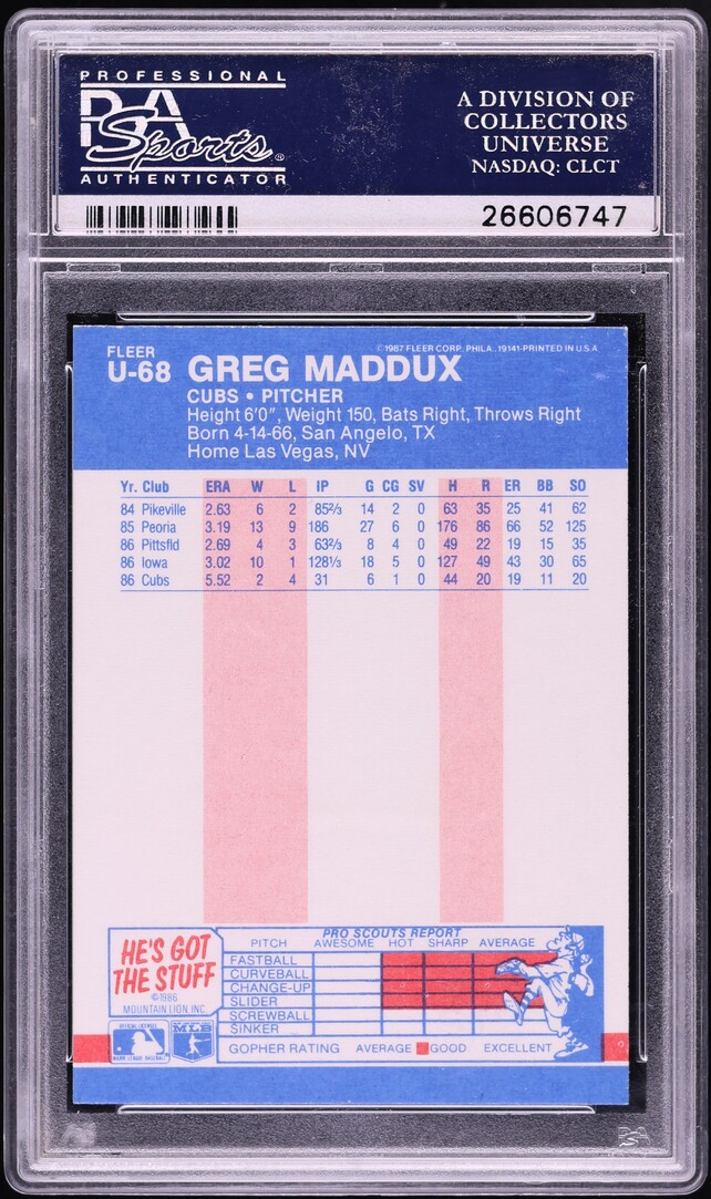 1987 Fleer Update Glossy Greg Maddux ROOKIE #U-68 PSA 10 GEM MINT