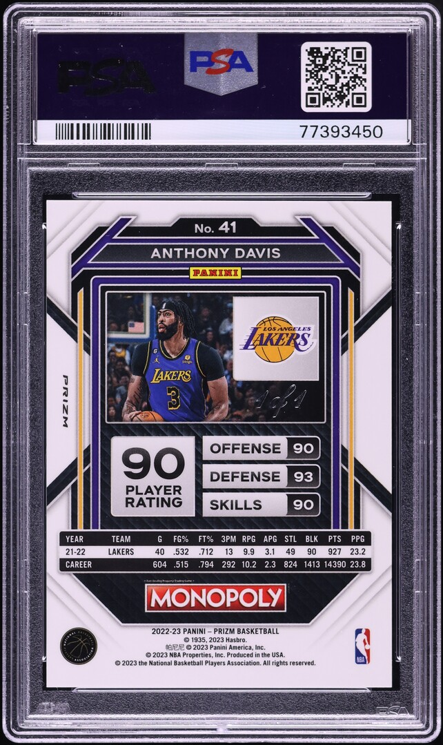 2022 Panini Prizm Monopoly Black Anthony Davis  1/1 #41 PSA 9 MINT