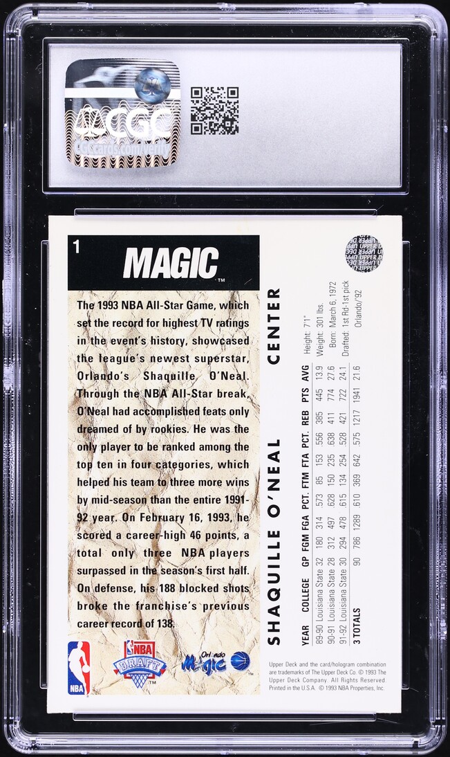 1992 Upper Deck Basketball Shaquille O'Neal ROOKIE #1b CGC 6 EXMT