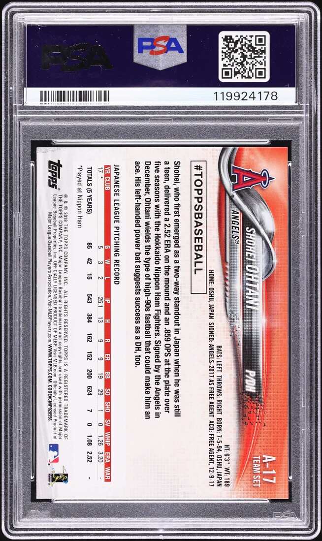 2018 Topps Team Set Los Angeles Angels Shohei Ohtani ROOKIE #A-17 PSA 5 EX
